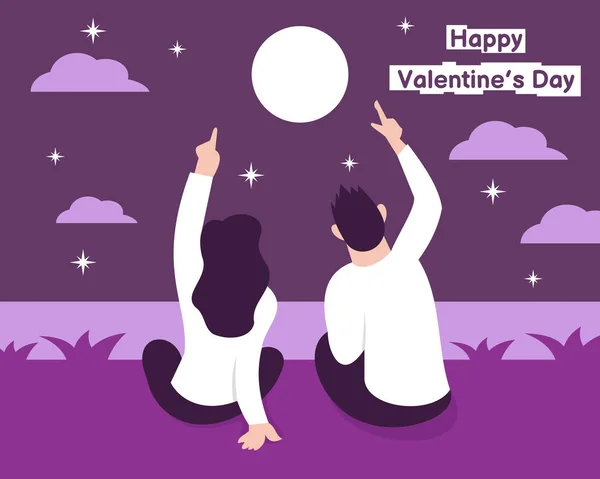 Illustration Vector Graphic Couple Looking Full Moon Sky Showing Light — Vetor de Stock