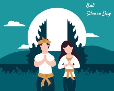 illustration vector graphic of a couple is in front of handara gate, showing the full moon at night, perfect for religion, holiday, culture, nyepi day, silence day, greeting card, etc.