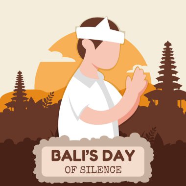 illustration vector graphic of a young man prays in the middle of the temple forest, perfect for religion, holiday, culture, tradition, silence day, greeting card, etc.