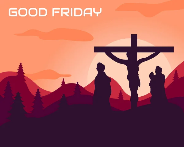 Illustration Vector Graphic Two People Mourning Jesus Cross Sunset Perfect — 图库矢量图片