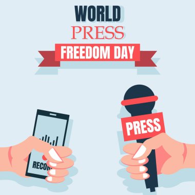 illustration vector graphic of hand carrying microphone and smartphone, perfect for world press freedom day, celebrate, holiday, greeting card, etc.