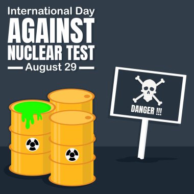 Nükleer varil grafiği açık, tehlike uyarısı tahtası gösteriyor, nükleer teste karşı uluslararası gün için mükemmel, kutlama, tebrik kartı, vs..