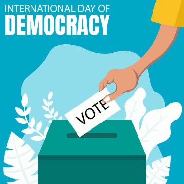 İnsanların ellerinin illüstrasyon vektör grafiği, oy kartlarını kutulara koyuyor, mavi arka plan ve bitkileri gösteriyor, uluslararası demokrasi günü için mükemmel, kutlama, tebrik kartı, politik