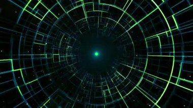 Abstract Flight Through Green Blue Digital Information Tunnel Animation with Particles.