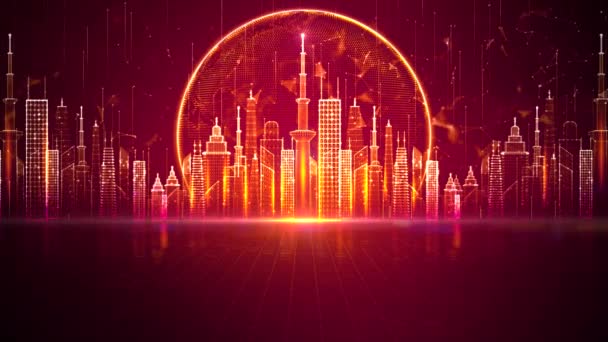 Futuristic Looped Abstract Animation Red Orange Smart Metaverse City Concept — Vídeo de Stock