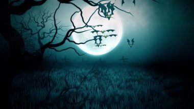 Abstract 4K Animation Night With Moon Flying Bats In a Graveyard Cemetery Halloween Background.