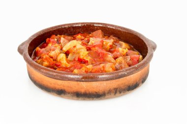 Tripe a la Madrilenian stew  in a clay pot. Typical food of Spanish gastronomy.