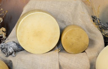 Two cheeses with brown cloth background.