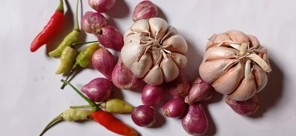 Ingredients Cooking Red Onions Garlic Chilies White Background — 图库照片