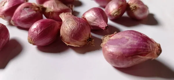 Ingredients Cooking Red Onions Garlic Chilies White Background — 图库照片