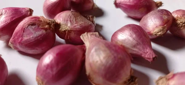 Ingredients Cooking Red Onions Garlic Chilies White Background — Fotografia de Stock