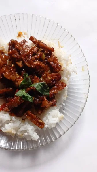 Typical Indonesian Breakfast Rice Side Dishes Fried Tempeh — Stock Photo, Image