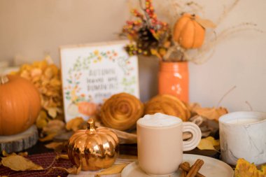 Sonbahar balkabağı, balkabağı ve bir fincan kahve..