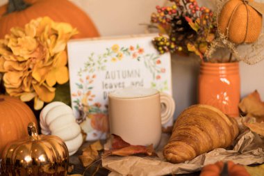 Balkabaklarıyla, bir fincan kahveyle ve beyaz ahşap arka planda balkabağıyla sonbahar durgun hayatı..
