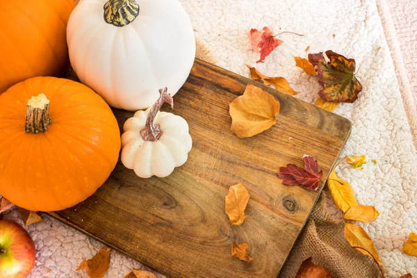 Balkabakları, balkabağı, yapraklar, tohumlar ve ahşap masa üzerindeki kuru akçaağaç yaprağı ile sonbahar arkaplanı