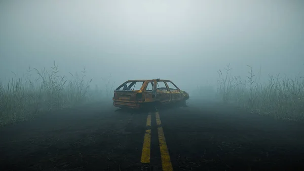 a lonely car on the road in the fog