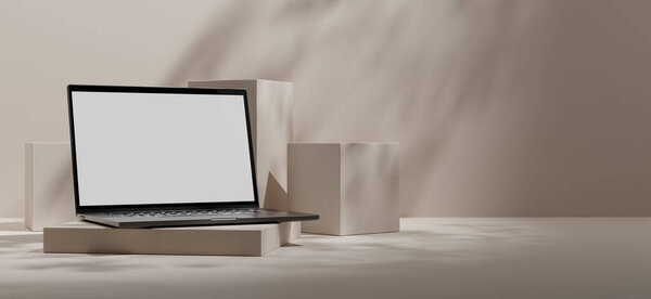 laptop and blank screen on wooden table. mock up, 3d rendering