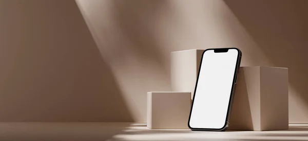 Smartphone Con Pantalla Blanco Sobre Mesa Madera Renderizado — Foto de Stock