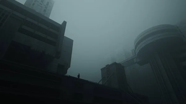 Man Standing Looking Foggy Brutalist Buildings Dark Cityscape — Stock Photo, Image