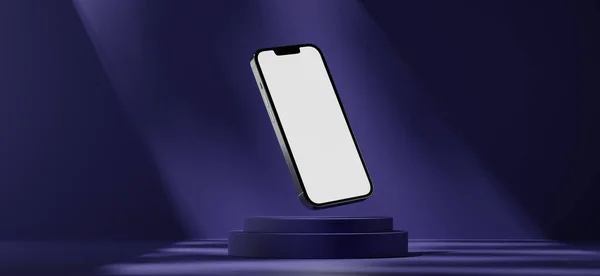 青の背景に白い画面のスマートフォンの3Dレンダリング ストック画像