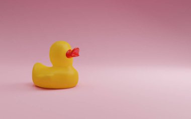 Sarı arka planda pembe plastik ördek oyuncağı. 3d oluşturma