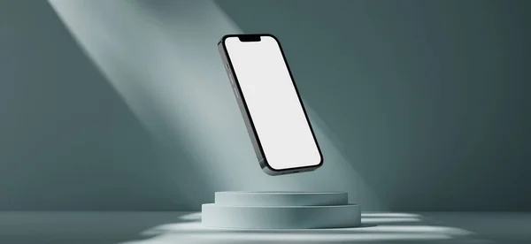 Rendering White Smartphone Blank Screen Blue Studio Background Podium Pedestal — Stock Photo, Image