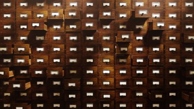 Antika kütüphane kartı katalogu ahşap çekmeceler dosya dolabı