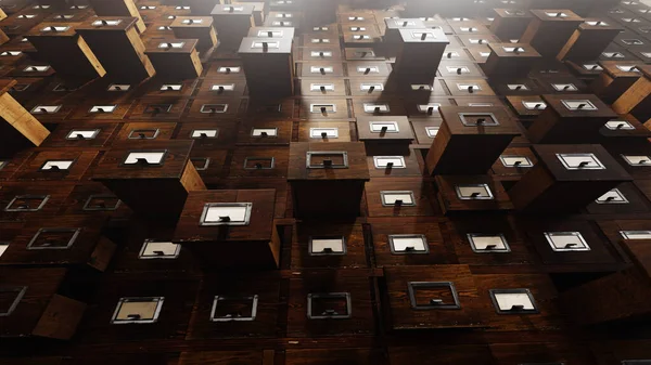 Biblioteca Antiga Catálogo Cartões Gavetas Madeira Armário Arquivos — Fotografia de Stock