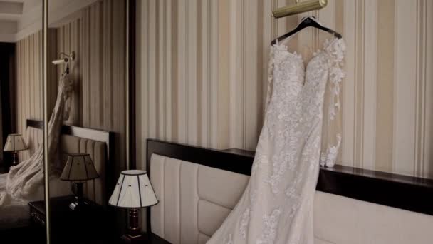 Bride Wedding Dress Hanging Room Bed — Vídeo de Stock