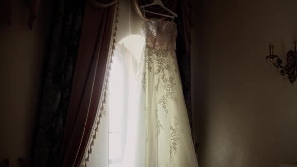 Wedding Dress Bride Hanging Background Window Room — Stock videók