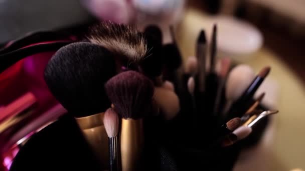 Set Makeup Brushes Makeup Artist Table — Video Stock