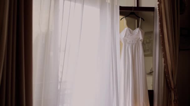Bride White Wedding Dress Hanging Room — Stock videók