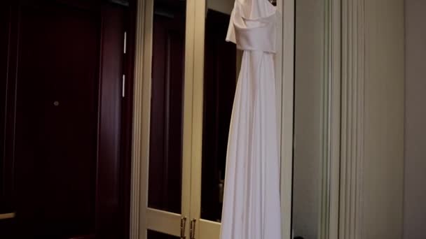 Bride White Wedding Dress Hanging Room — Stock videók