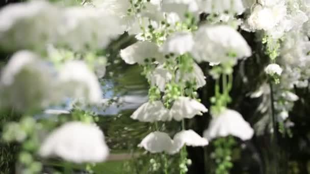 Mooie Witte Bloemen Close Een Bruiloft Boog — Stockvideo