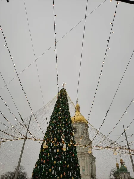 Uma Grande Árvore Natal Praça Cidade — Fotografia de Stock