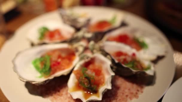 Huîtres Allongées Sur Table Dans Restaurant — Video