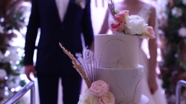 Νύφη Και Γαμπρός Κοντά Μια Όμορφη Μεγάλη Γαμήλια Τούρτα — Αρχείο Βίντεο