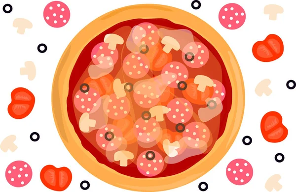 Una Pizza Con Champiñones Salami Mozzarella Aceitunas — Vector de stock