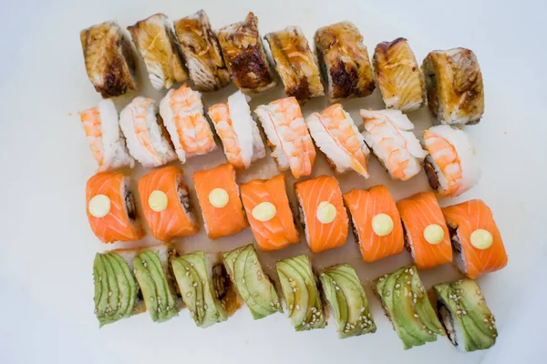 Set Rolls Set Sushi Avocado Shrimp Salmon Eel — Stock Photo, Image