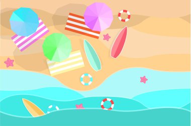 Yaz mevsiminde su şemsiyeli bir sahil. Havlu dalgaları. Can simidi sörfü ve deniz yıldızı tatilde.