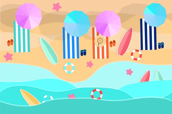 Beach Summer Water Umbrellas Towel Waves Lifebuoy Surf Starfish Vacation — Stock Vector