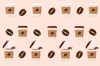 Siyah kavrulmuş taze kahve taneleri ve kağıt fincanlar. Latte espresso kapuçino desenli.