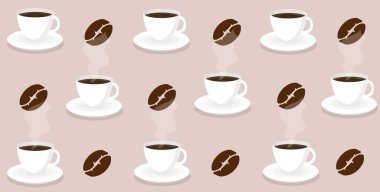 Siyah kavrulmuş taze kahve taneleri ve kağıt fincanlar. Latte espresso kapuçino desenli.