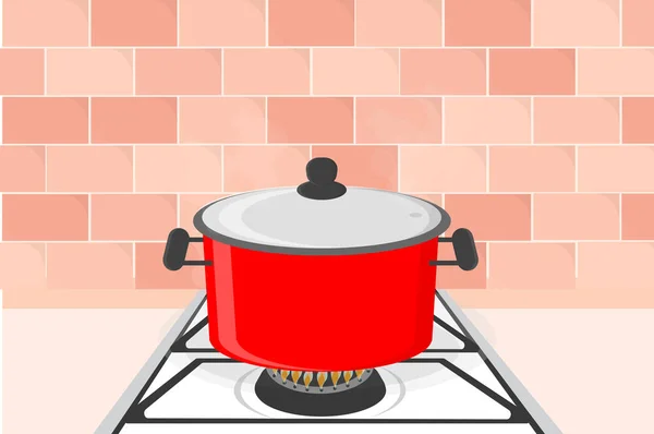 Μεγάλη Κόκκινη Κατσαρόλα Βράζει Μια Σόμπα Αερίου Στην Κουζίνα — Διανυσματικό Αρχείο