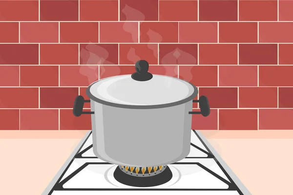 Grande Casserole Est Bouillante Sur Une Cuisinière Gaz Dans Cuisine — Image vectorielle