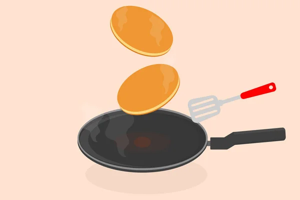厨房里一个煎锅里的煎饼 用黄油盘子里的插图准备好吃的大煎饼 — 图库矢量图片
