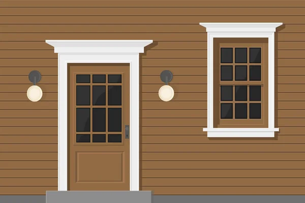 Ein Holzhaus Mit Weißen Fenstern Und Weißer Tür Braun — Stockvektor