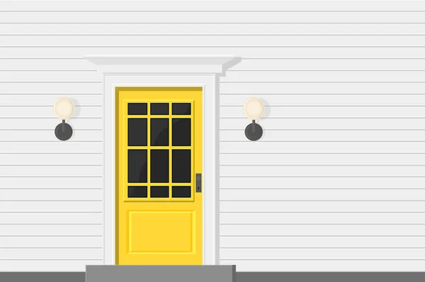 Una Puerta Amarilla Una Casa Nueva Hecha Paredes Madera Blanca — Vector de stock