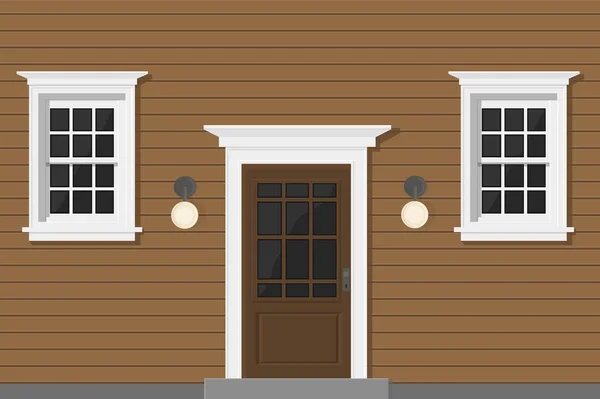 白色窗户和白色门棕色的木制房子 — 图库矢量图片