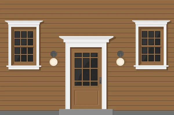Ein Holzhaus Mit Weißen Fenstern Und Weißer Tür Braun — Stockvektor